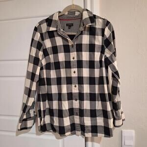 Talbots Women M Black White Buffalo Check Shirt Flip Cuff Cotton READ